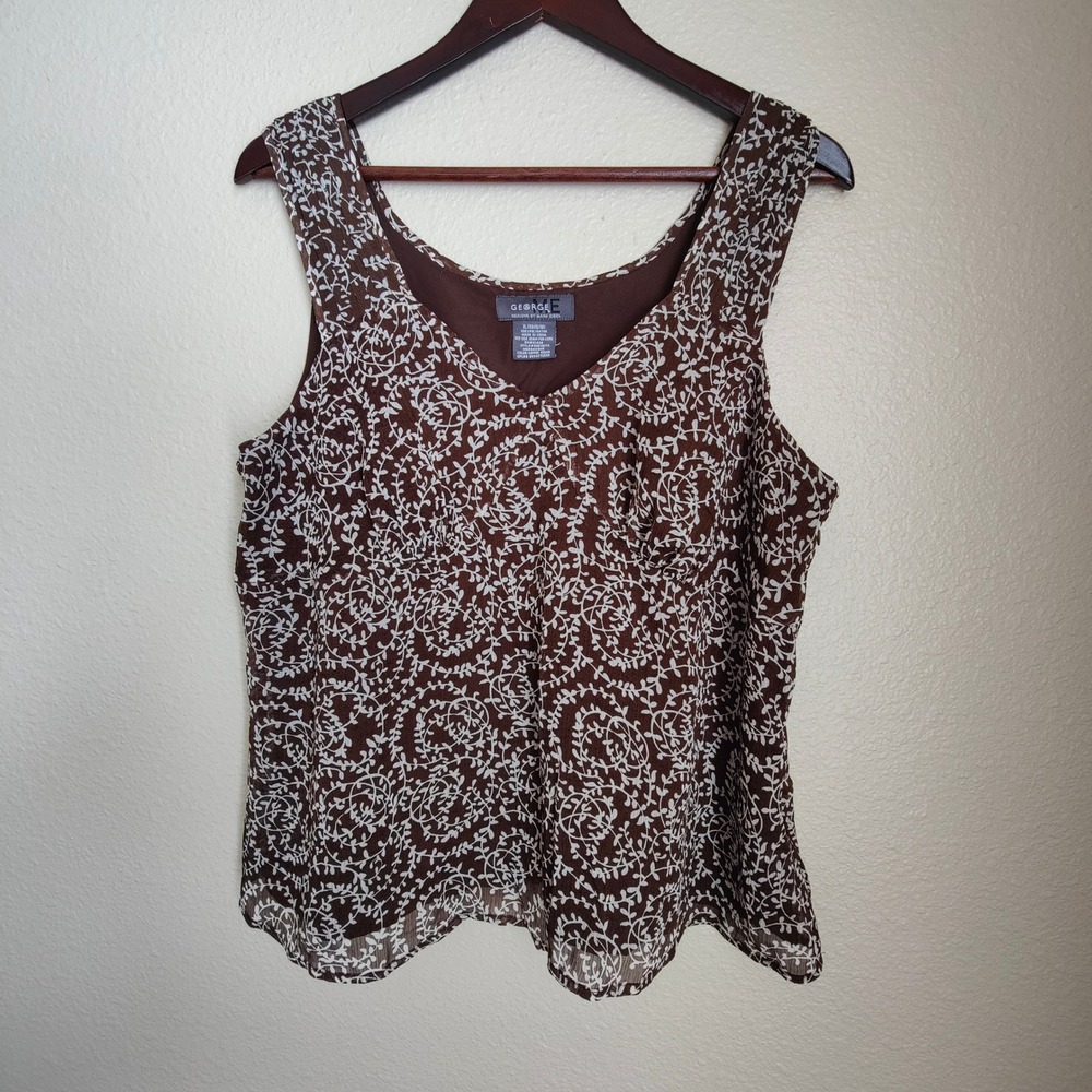 Y2K Babydoll Empire Waist Top Brown Vine Print XL Boho Festival Cottage Sheer